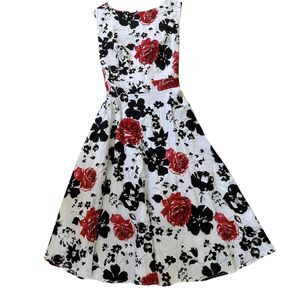 New Light Retro Floral A-Line Midi Dress White Red Black Rose Print Fit Flare XL